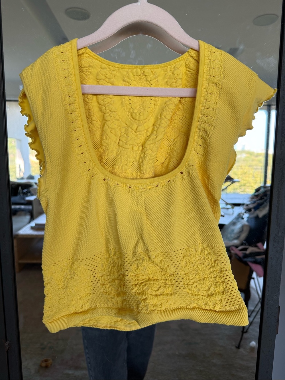 Yellow Women's Scoop Neck Knit Top with Floral Detail